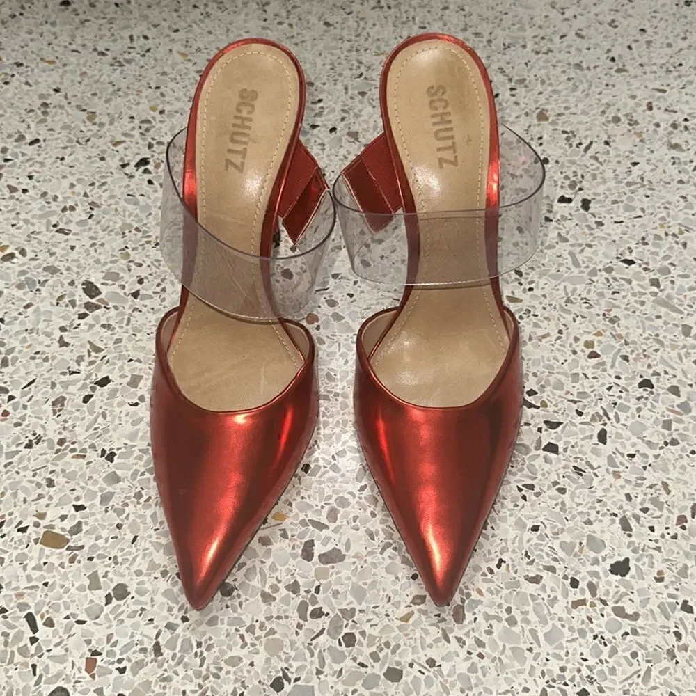 Schutz Sionne red clear transparent heel slingback 9.5